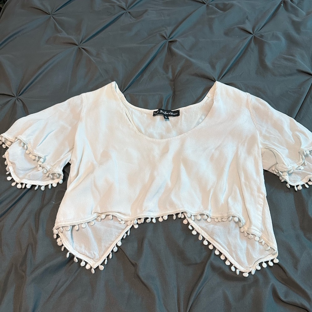 For Love & Lemons White Pom-Pom Trim Crop Top